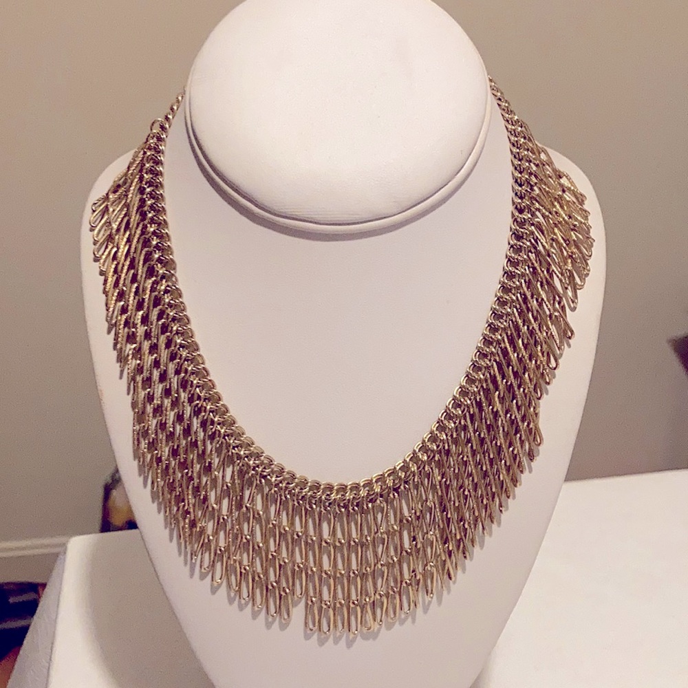 Gold Chain Link Statement Necklace, 16” Gem